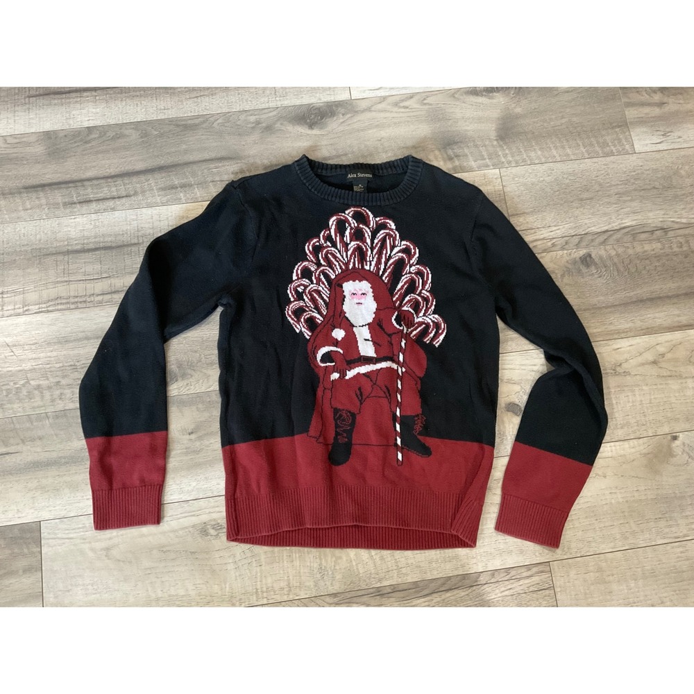 Alex Stevens Mens Santa Candy Cane Throne Christmas Sweater Black Red Medium